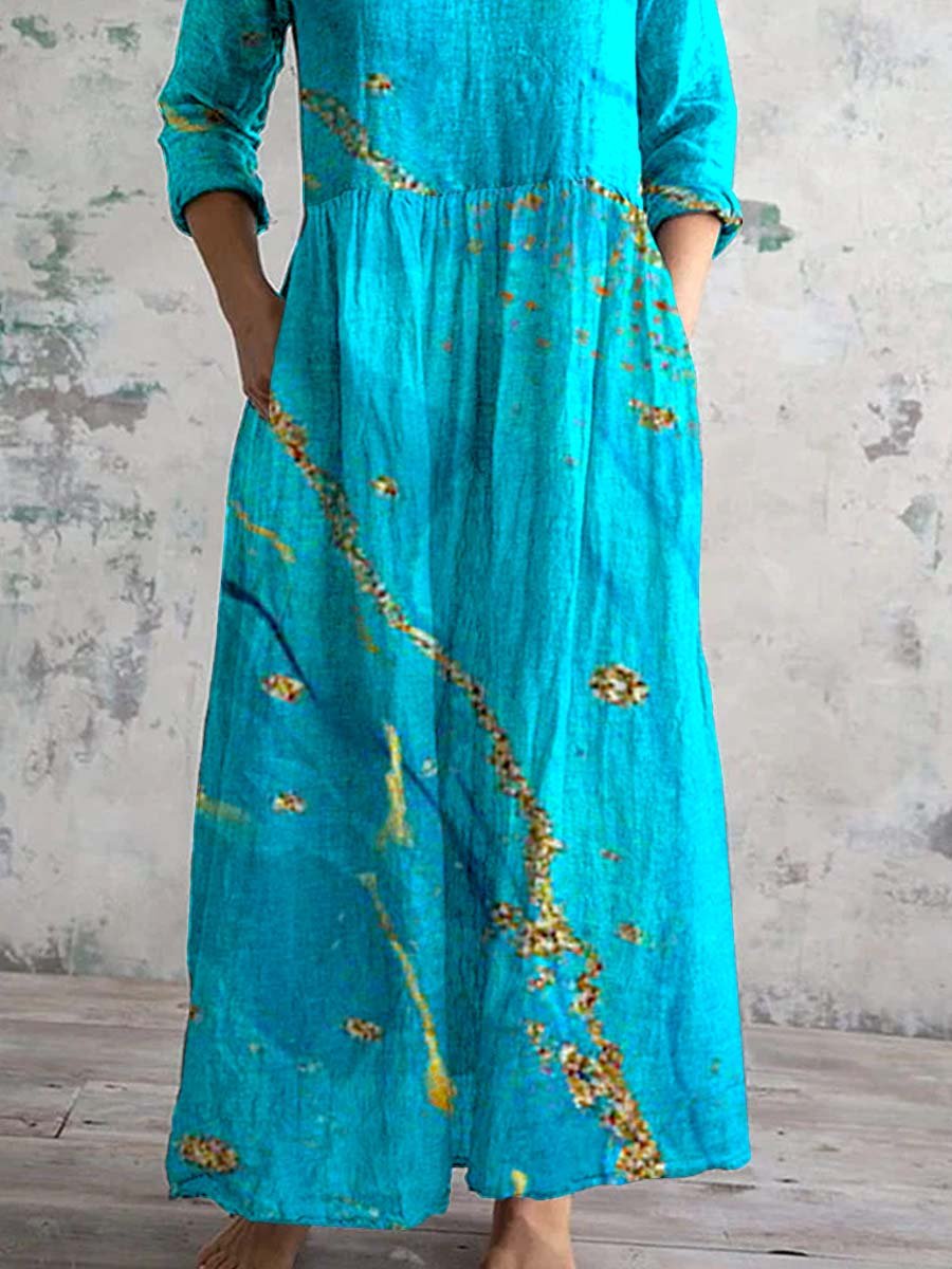 Damklänning i bomull och linne med V-ringning och fickor, Splash Art