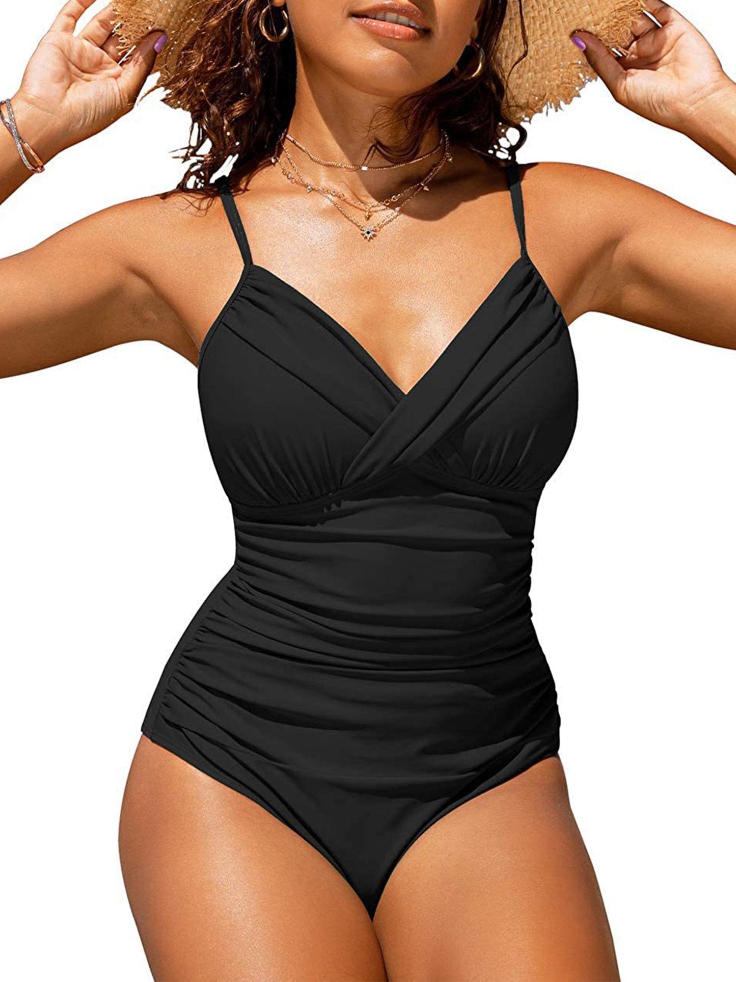 Costume da bagno intero da donna con stampa a tinta unita e incrocio