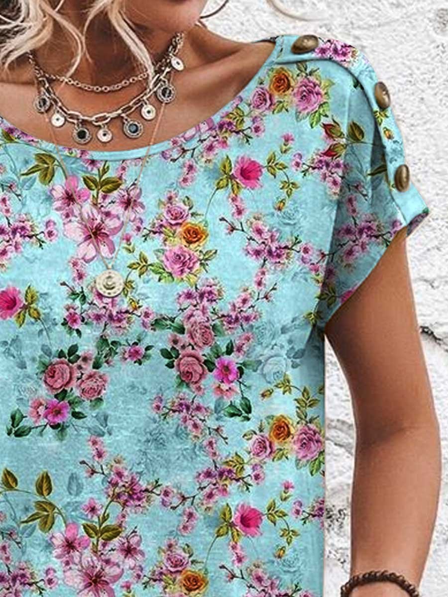 Maglietta da donna in cotone con stampa floreale, bottoni decorativi, scollo rotondo, manica corta