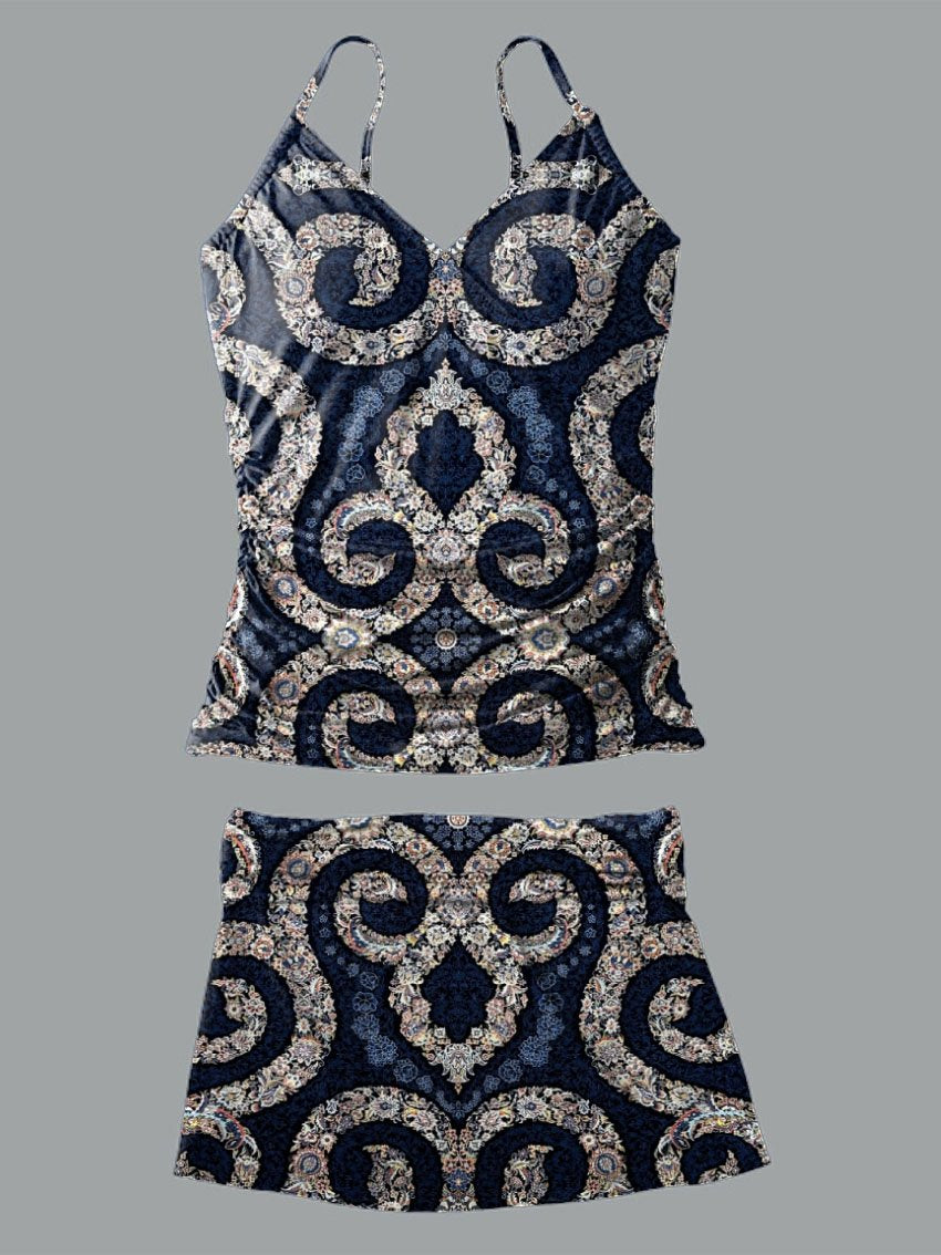 V-hals donkerblauw vintage curve patroon print jarretelrok tankini broekrok set badpak