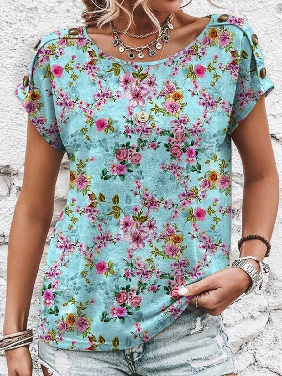 Maglietta da donna in cotone con stampa floreale, bottoni decorativi, scollo rotondo, manica corta