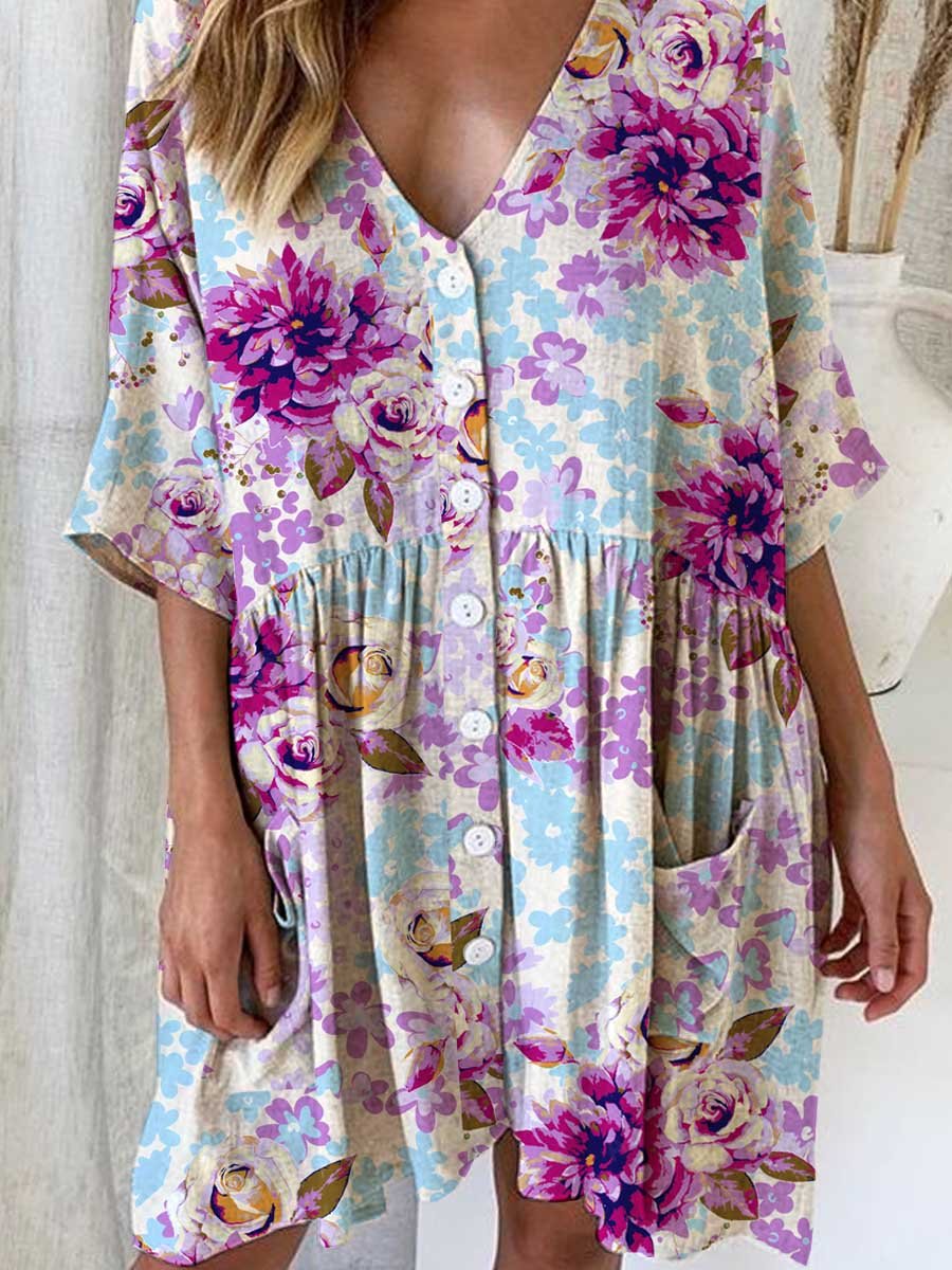 Elegante, eenvoudige jurk met rozen- en bloemenmotief voor dames