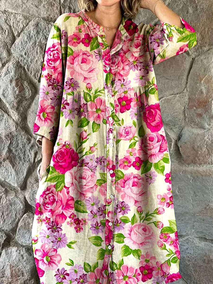 Elegante abito da donna in cotone e lino con motivo floreale e tasche