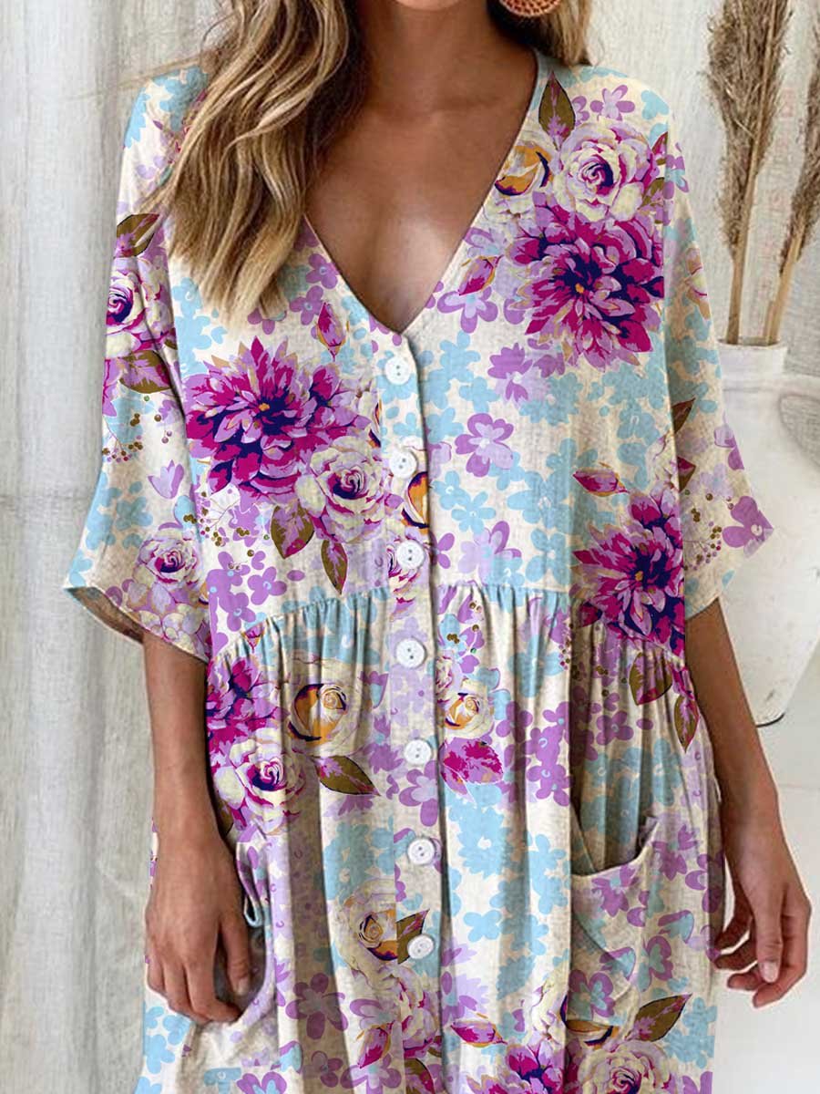Elegante, eenvoudige jurk met rozen- en bloemenmotief voor dames