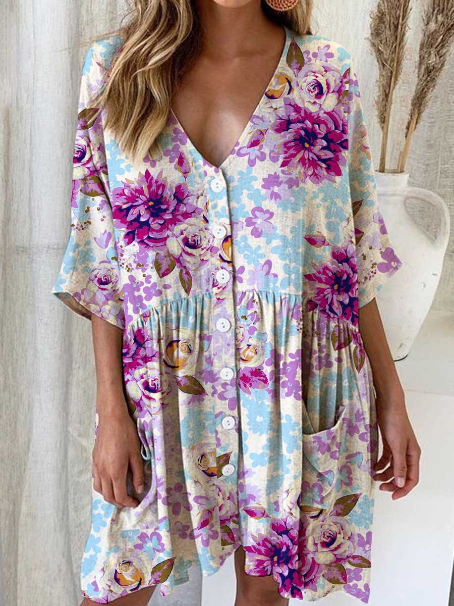 Elegante, eenvoudige jurk met rozen- en bloemenmotief voor dames