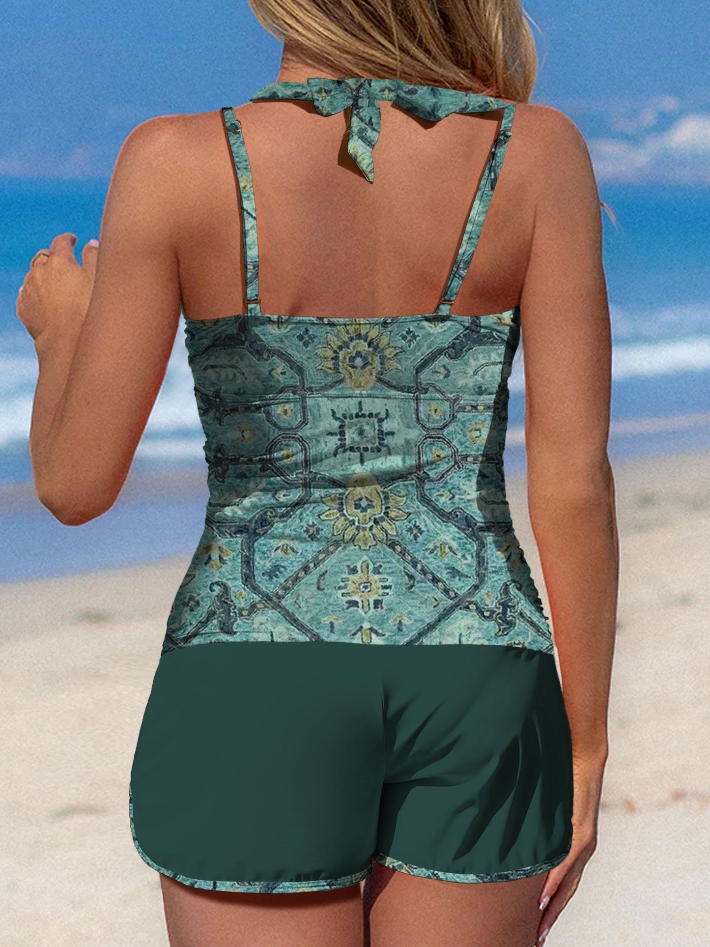 Dark Cyan Symmetrical Pattern Print Halter Patchwork Mid Waisted Tankini Short Set Swimsuit