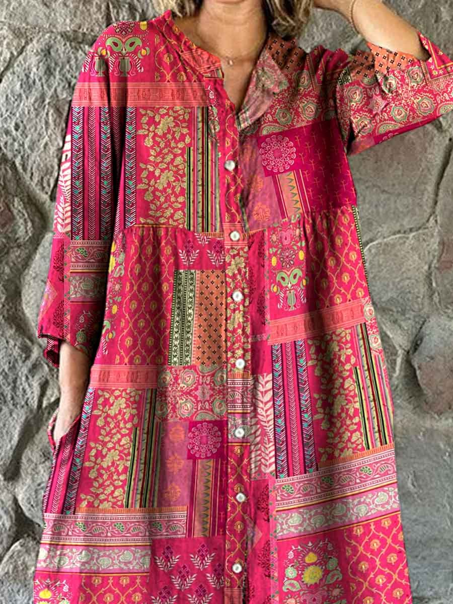 Women's Bohemian Ethnic Geometric Print Cotton And Linen Dress
