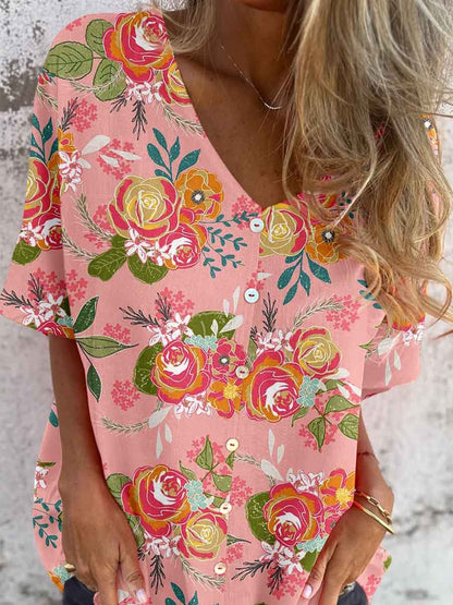 Women's Elegant Floral Pattern Shirt Style Cotton and Linen Top