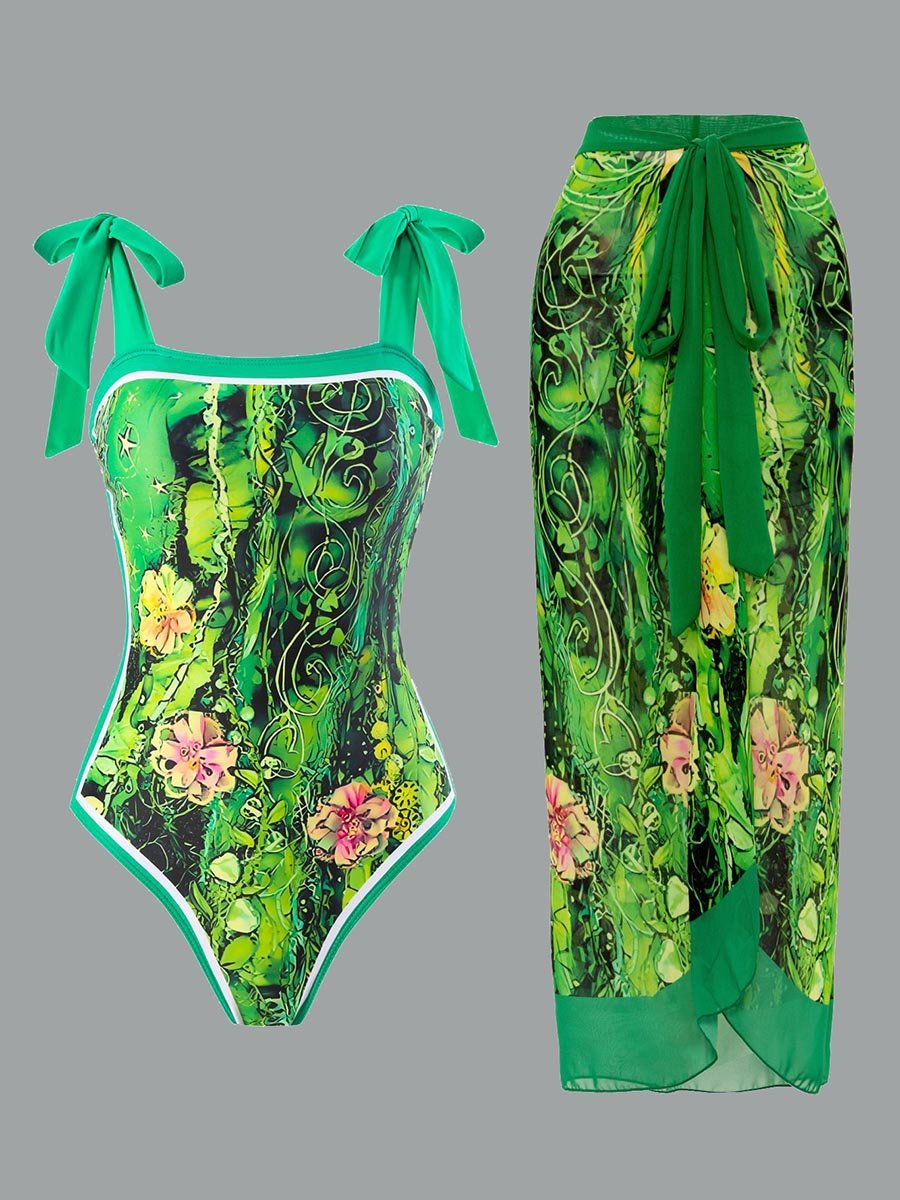 Women's Vintage One Piece Swimsuit Suit Chiffon Cover Up
