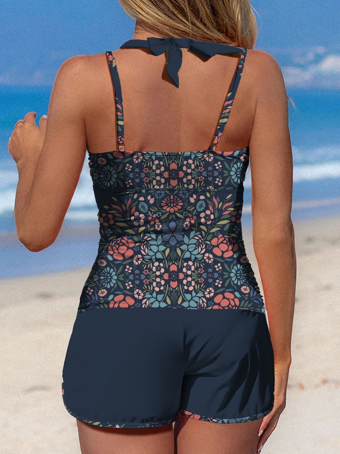 Ark Blue Symmetrical Flowers Print Halter Patchwork Mid Waisted Tankini Short Set Swimsuit