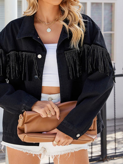 Women's Washed Studded Fringed Denim Jacket Top