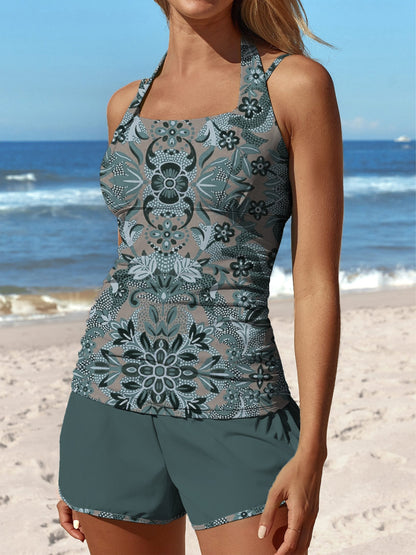 Gray Cyan Symmetrical Retro Pattern Symmetry Swimdress and Panty Swimsuit