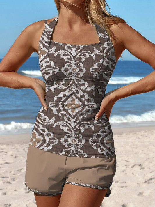 Brown Retro Geometry Flower Print Halter Patchwork Mid Waisted Tankini Short Set Swimsuit
