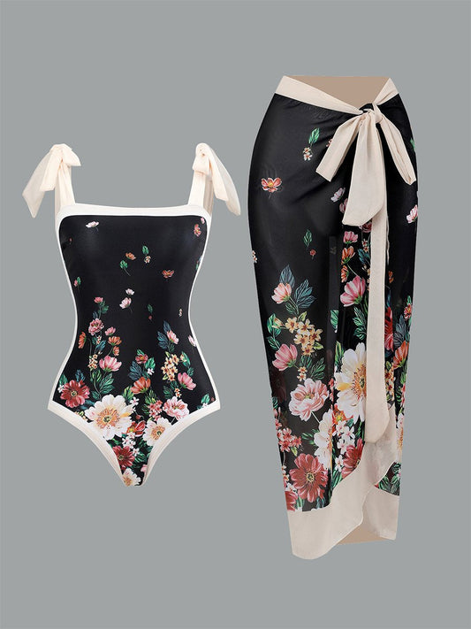 Women's Vintage One Piece Swimsuit Suit Chiffon Cover Up