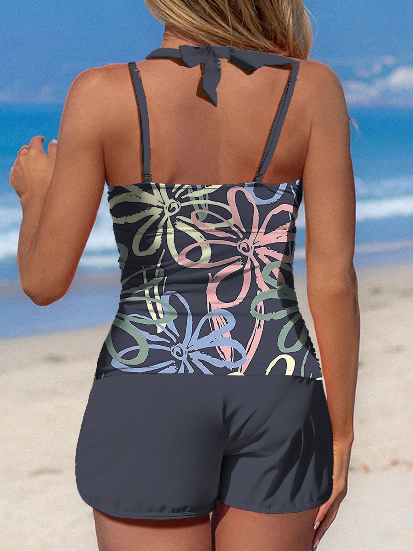 Lien Flower Print Halter Patchwork Mid Waisted Tankini Short Set Swimsuit