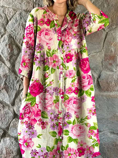 Women's Elegant Floral Pattern Cotton and Linen Dress with Pockets