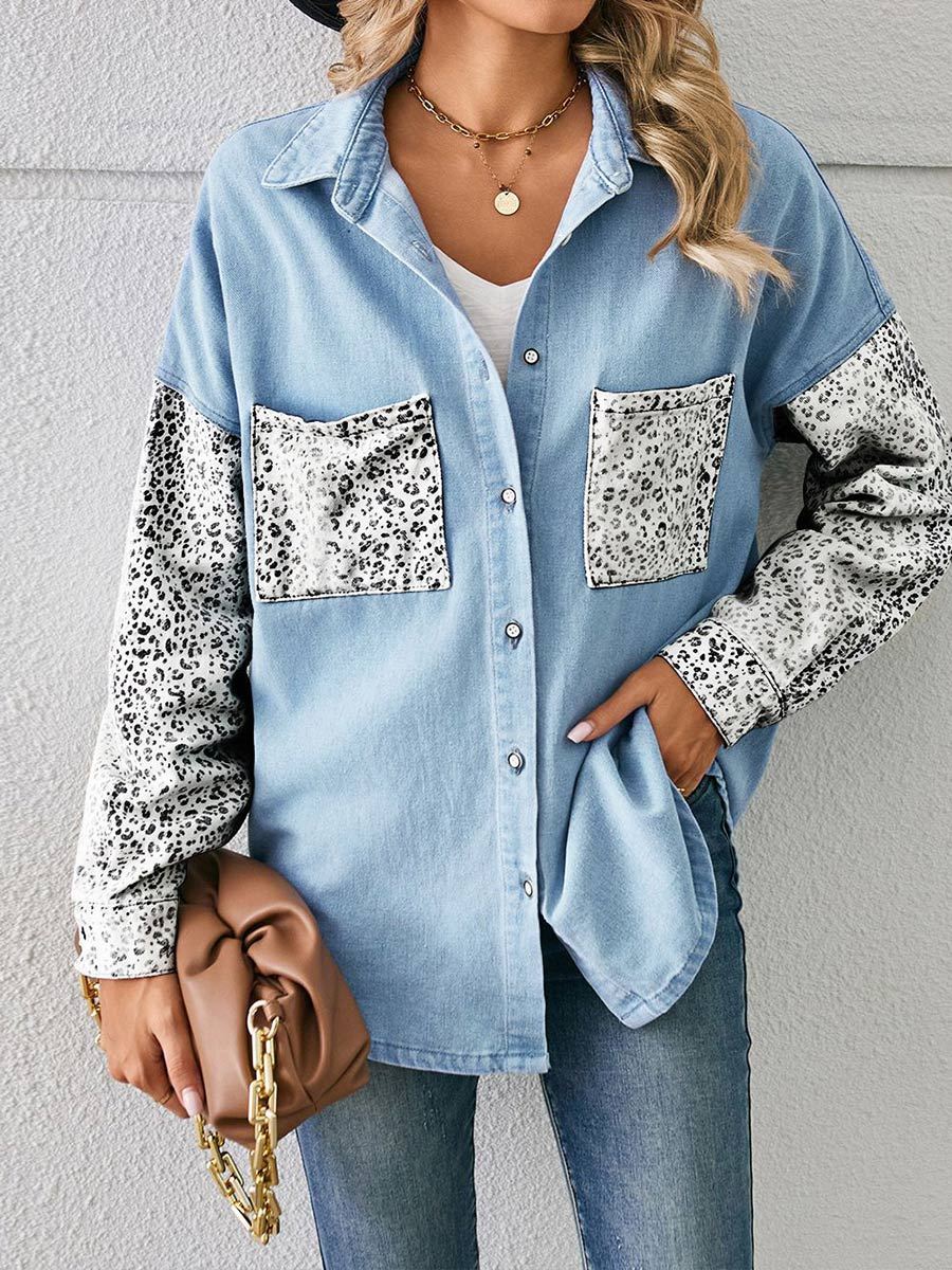 Women's Loose Leopard Pattern Denim Shirt