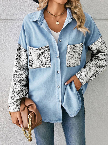 Women's Loose Leopard Pattern Denim Shirt