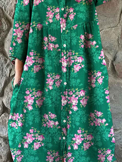 Women's Elegant Simple Floral Pattern Shirt Style Cotton and Linen Dress