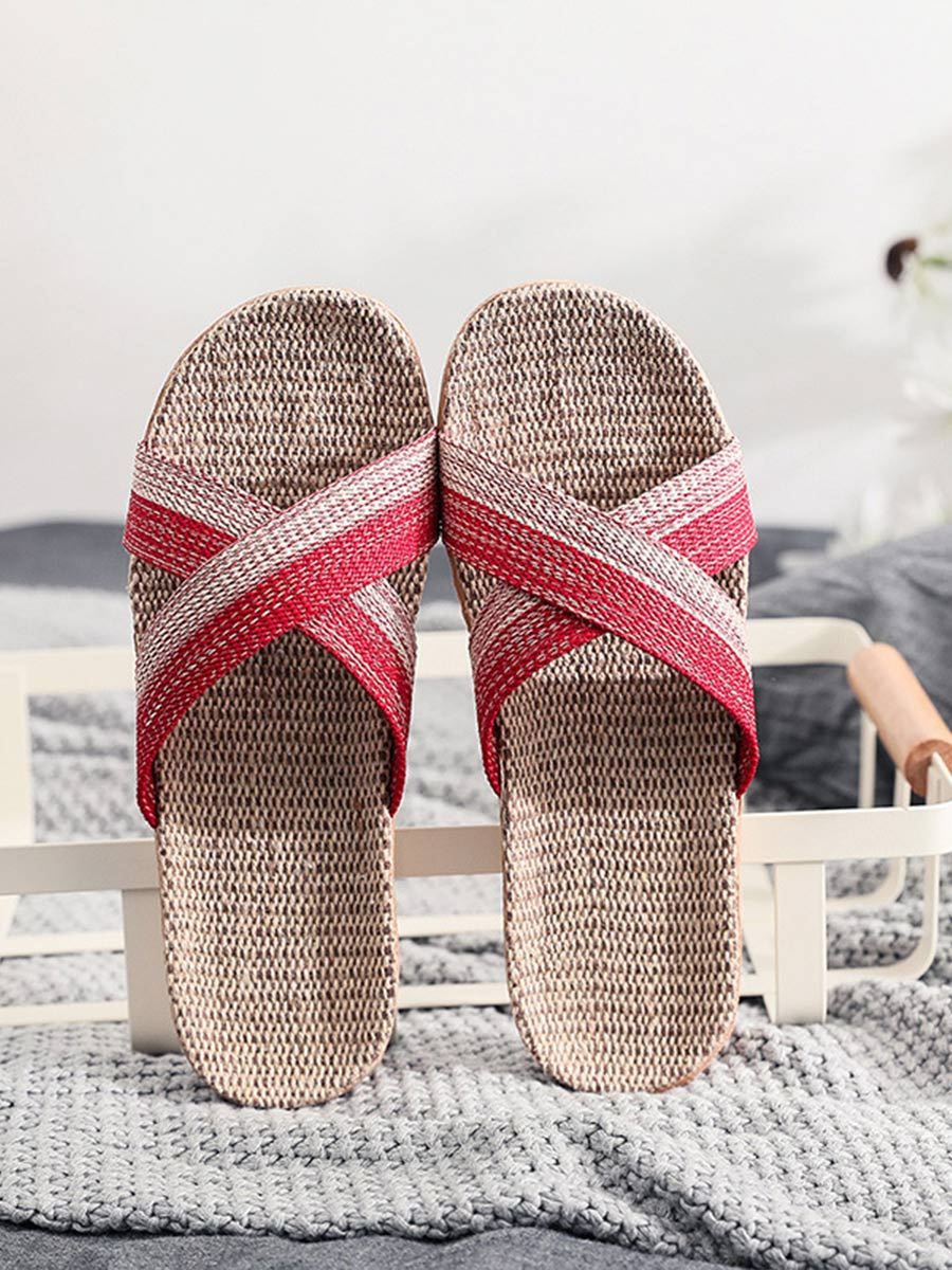 Women's Colorblock Linen Thick Sole Non-Slip Home Slippers
