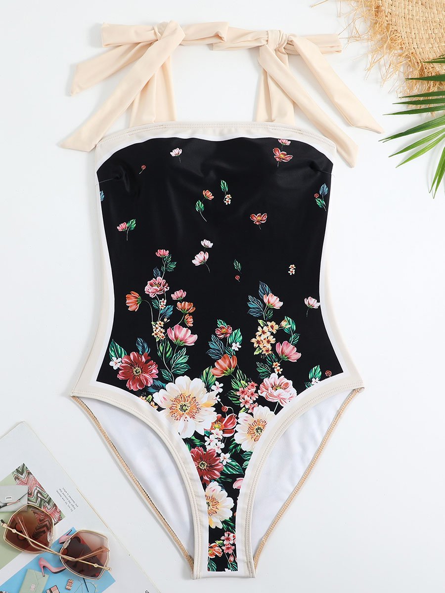 Women's Vintage One Piece Swimsuit Suit Chiffon Cover Up