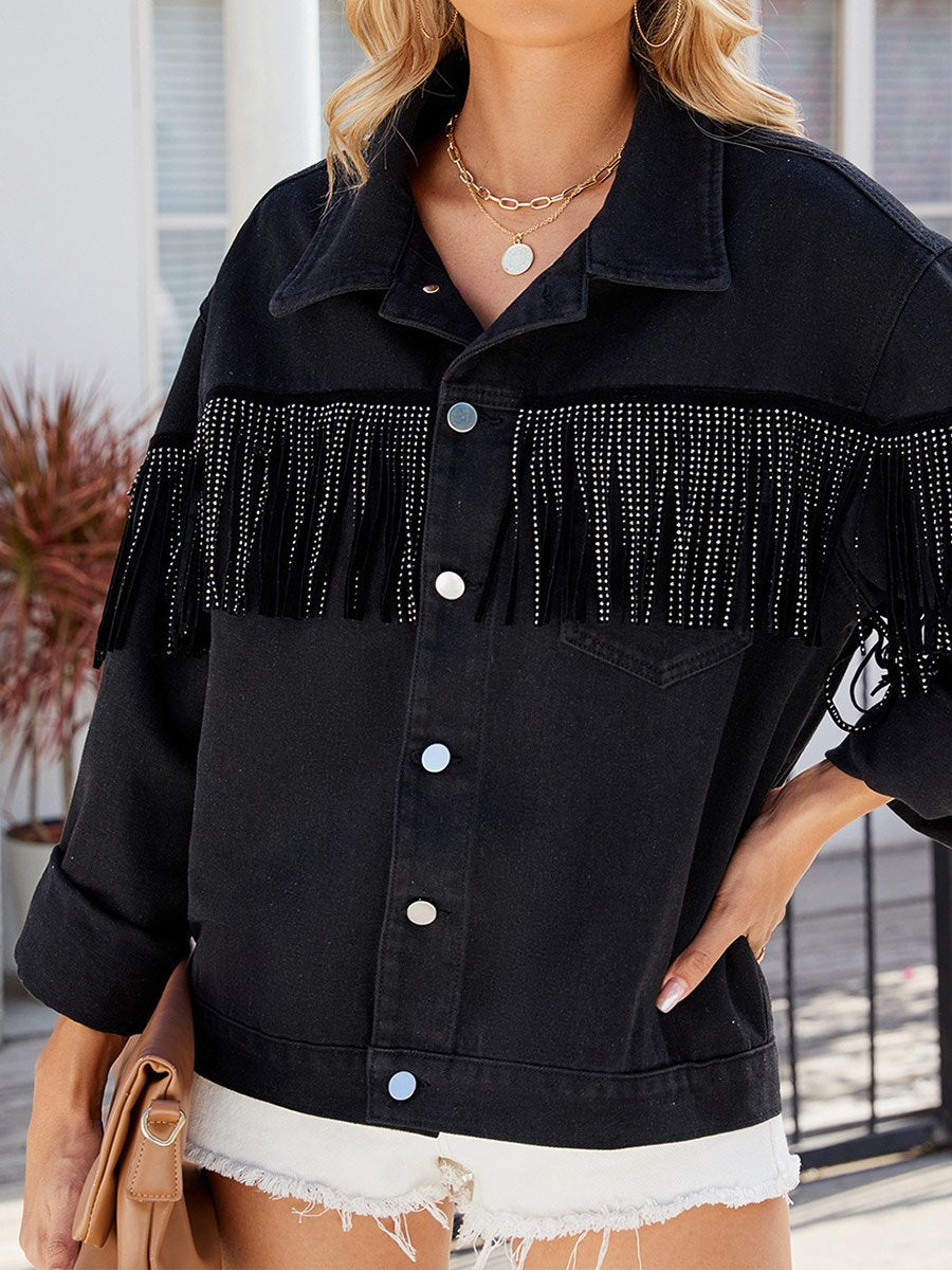 Women's Washed Studded Fringed Denim Jacket Top