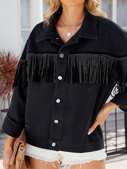 Women's Washed Studded Fringed Denim Jacket Top
