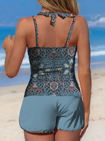 Blue Symmetrical Curve Flowers Print Halter Patchwork Mid Waisted Tankini Short Set Swimsuit