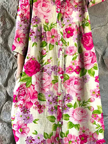 Women's Elegant Floral Pattern Cotton and Linen Dress with Pockets