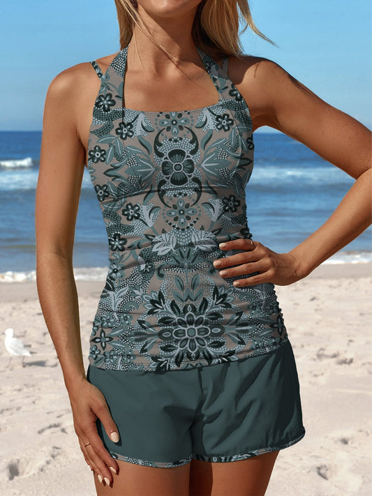 Gray Cyan Symmetrical Retro Pattern Symmetry Swimdress and Panty Swimsuit