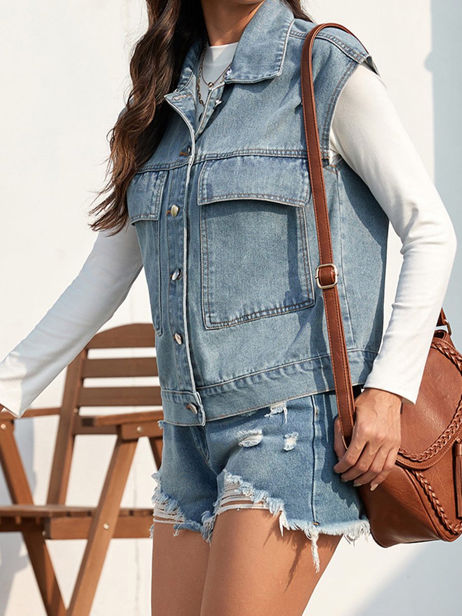Women's Distressed One-Breasted Denim Vest