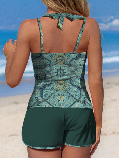Dark Cyan Symmetrical Pattern Print Halter Patchwork Mid Waisted Tankini Short Set Swimsuit
